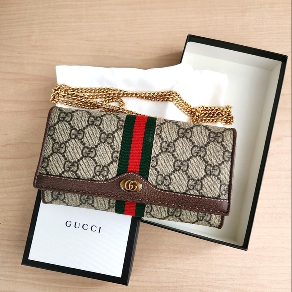 Gucci GG Supreme Monogram Web Ophidia Wallet With Chain - Picture 1 of 6
